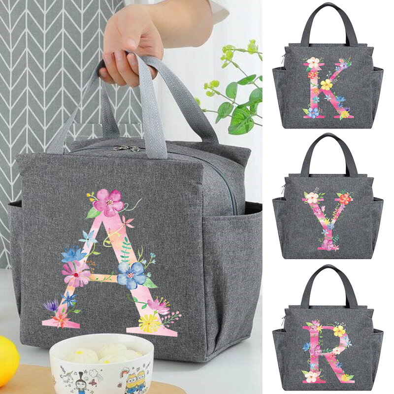 Portable Lunch Bag Thermal Insulated Lunch Box Tote Cooler Handbag Bento Pouch Container Pink Letter Print Food Storage Handbag