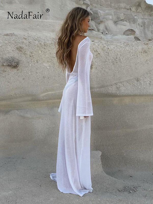 Nadafair-Vestido largo de malla blanco para mujer, prenda elegante con espalda descubierta, transparente, Sexy, de manga larga, para primavera y otoño, 2023
