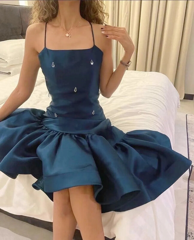 Crystal Asymmetrical Satin Prom Dresses Mermaid Spaghetti Straps Sleeveless Saudi Arabia Elegant Formal Dresses 2024