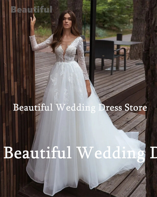 Lindo vestido de noiva em V-Neck Beach, laço personalizado ou zíper traseiro, tule em linha A, mangas compridas, vestido de noiva até o chão, novo