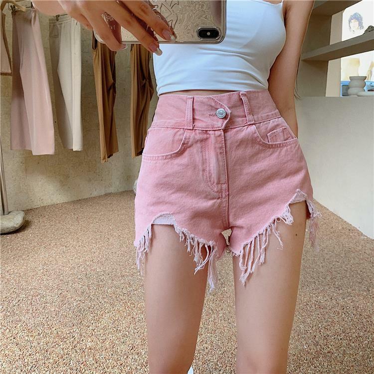 Джинсовые шорты с необработанными краями, необычные женские тонкие летние трапециевидные розовые шорты с высокой талией большого размера
