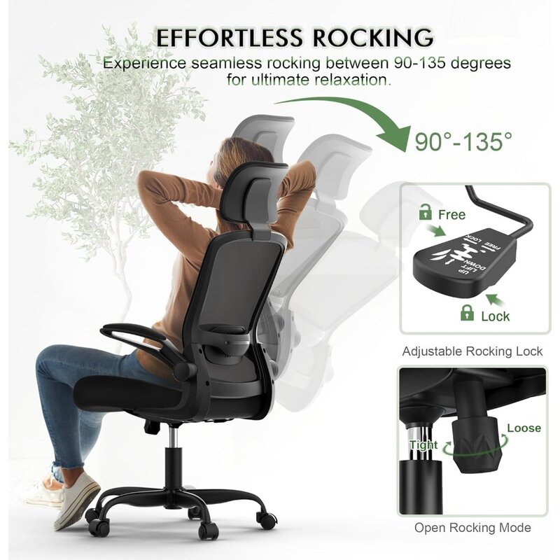 Ergonômica cadeira de mesa com apoio lombar ajustável, encosto alto do computador, encosto de cabeça ajustável, braços flip-up, escritório