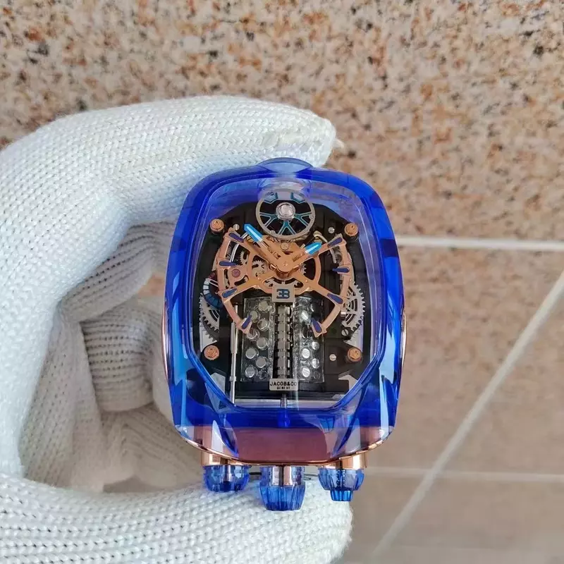 Jam tangan mekanik Bugatti JACOB terbaru 2024 jam tangan pria transparan mesin silinder Sixteen giv tourbillon