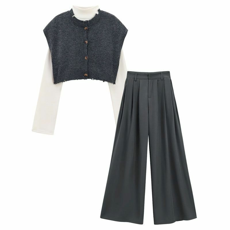 Женский трикотажный комплект из трех предметов, винтажный комплект из жилета, футболки с длинным рукавом и брюк с широкими штанинами в Корейском стиле, Y2k, одежда K-Pop
