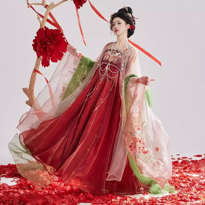 Baju Hanfu Cina wanita, kostum Cosplay karnaval tradisional kuno Vintage bordir merah Hanfu pakaian pesta ulang tahun