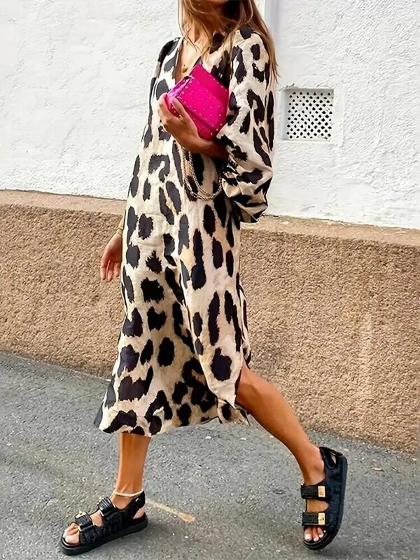 Vestido maxi vintage com estampa leopardo para mulheres, elegante com gola em C, vestido solto com mangas de lanterna casual, novo, 2024