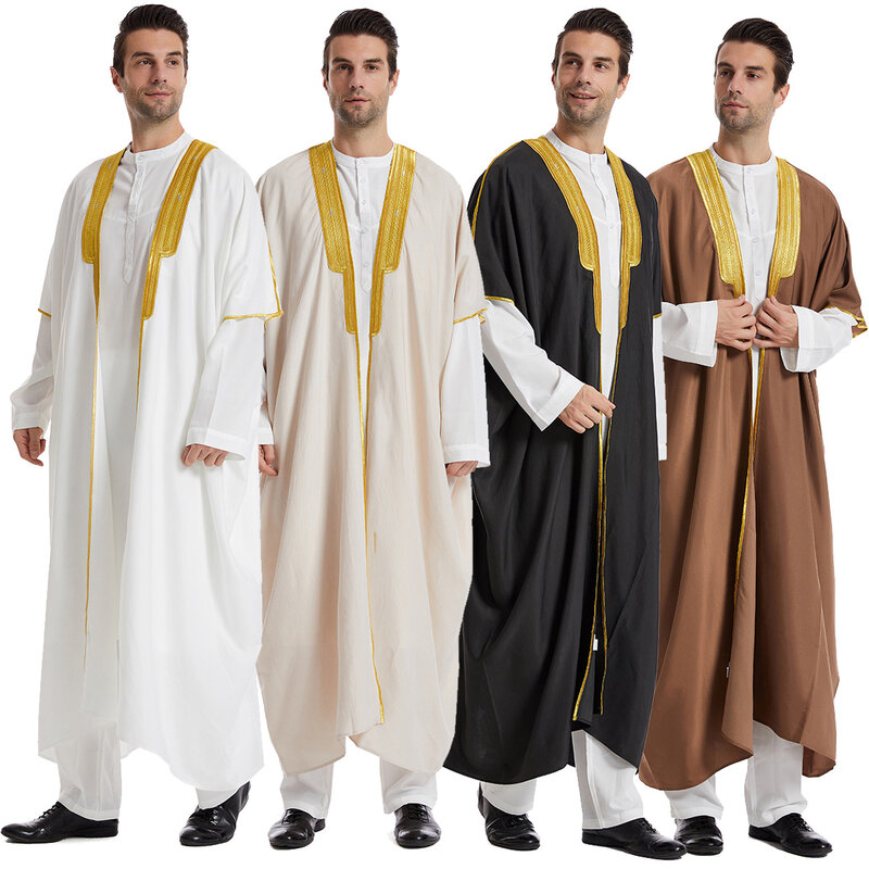 Veste longa marroquina masculina, veste muçulmana, roupa islâmica, kaftan masculino, vestido longo casual, túnica listrada árabe, veste do Oriente Médio, traje nacional