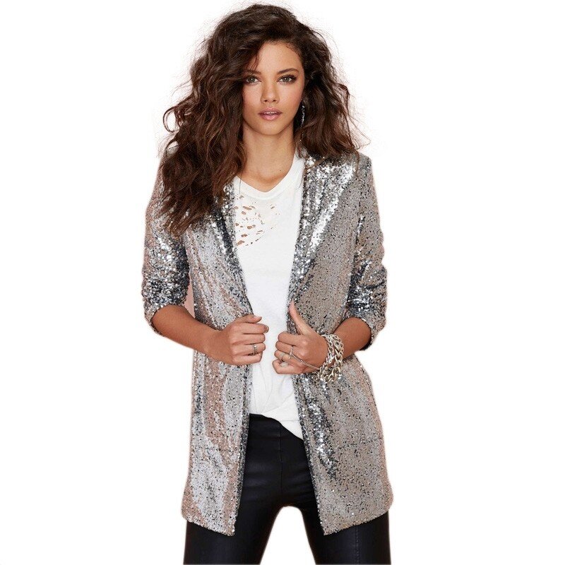 Shiny Sequins Women Cardigan Windbreaker Jacket Loose Outfit Casual Blazer Coat No Button Street Wear