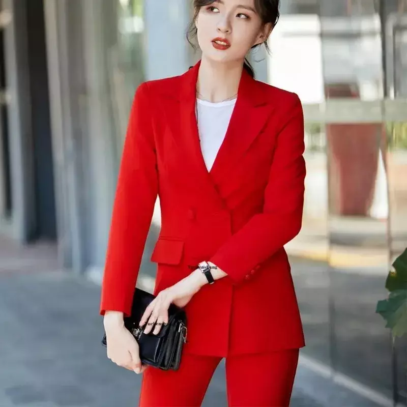 2019 New women office lady pant suits of high quality OL blazer jackets with ankle length trouser red two pieces set