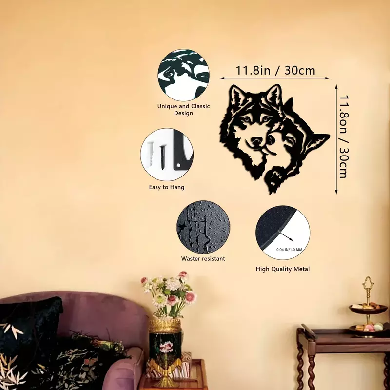 울프 메이트 블랙 금속 벽 아트, 실내 및 실외 벽 조각, 현대 가정 장식, 침실, 거실, 욕실용 공예