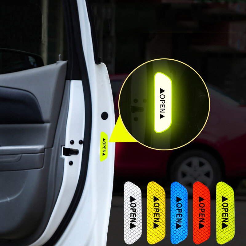 4Pcs รถเปิดสะท้อนแสงสติกเกอร์เตือนความปลอดภัย Mark สติกเกอร์สะท้อนแสงแสง Luminous ประดับรถอุปกรณ์ตกแต่งรถยนต์