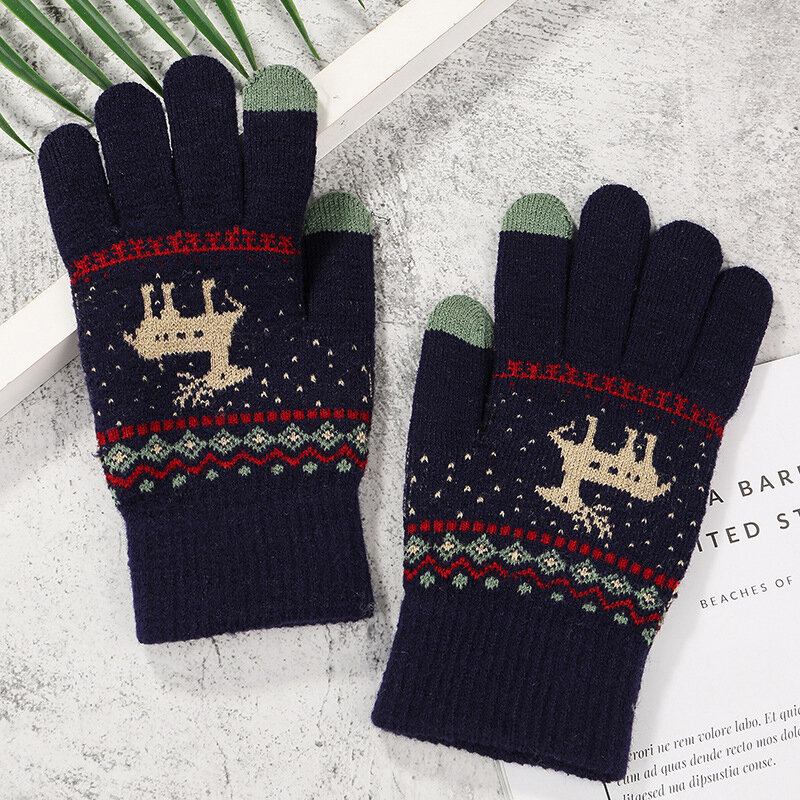 Sarung tangan rajut hangat pria wanita, sarung tangan Elk Crochet tebal layar sentuh regang wol imitasi Guantes jari penuh musim dingin