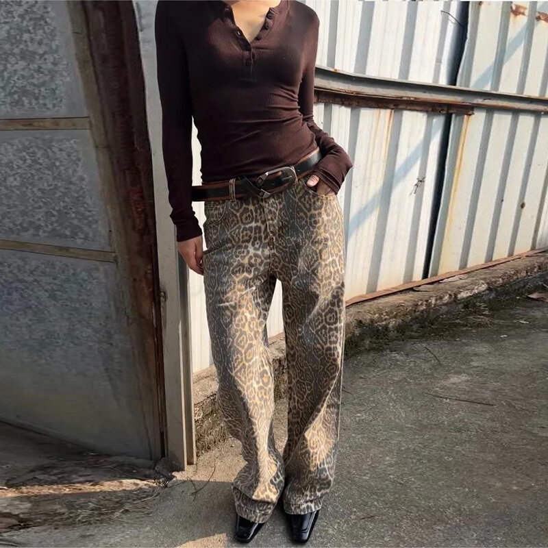 Leopard Print Jeans For Women&Men Wash Y2K Vintage Loose Vibe Style Casual Chic High Waist Wide Leg Pants Jeans