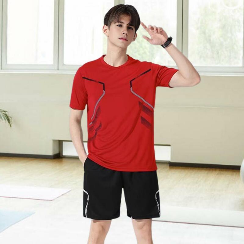 Comfortable Sportswear Set Men's Casual Sportswear Set with O-neck T-shirt Wide Leg Shorts Striped Print Soccer Outfit for Quick