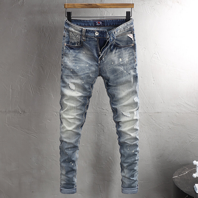 Jeans rasgado fino elástico masculino, calça pintada vintage, jeans casual, novo designer de moda, alta qualidade
