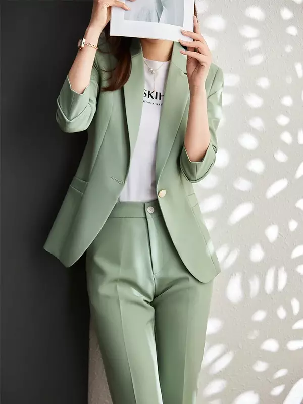Traje de pantalón Formal para mujer, ropa de trabajo de negocios, conjunto de 2 piezas, rosa, Morado, verde, rojo, azul marino, sólido