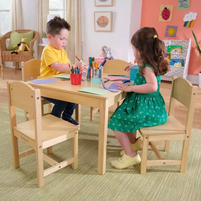 Children's tables and chairs Wooden Farmhouse Table & 4 Chair Set, Children Furniture for Arts and Activity,Gift for Ages 3-8