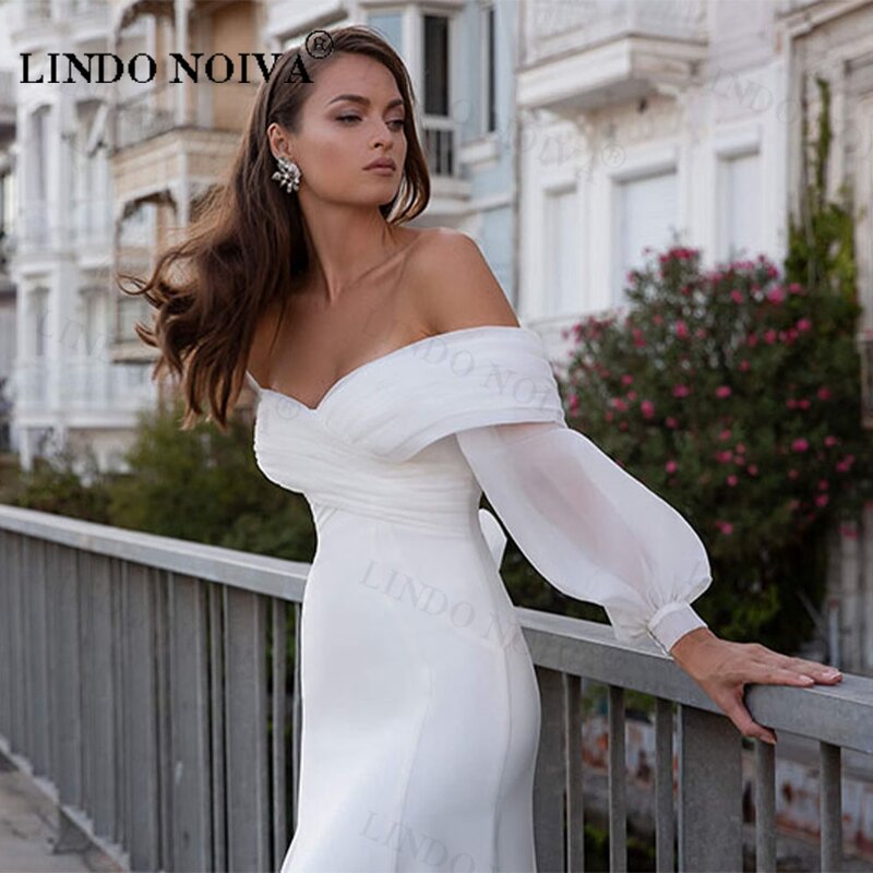 LINDO NOIVA Simple Satin Mermaid Wedding Party Dresses Sexy Lace Long Fuff Sleeve Beach Bride Dresses Off The Shoulder Boho Gown