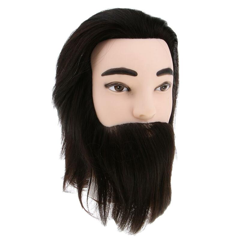 Cabeza masculina de 12 pulgadas, pelo de Color negro con barba, maniquí de entrenamiento de peluquería, cosmetología