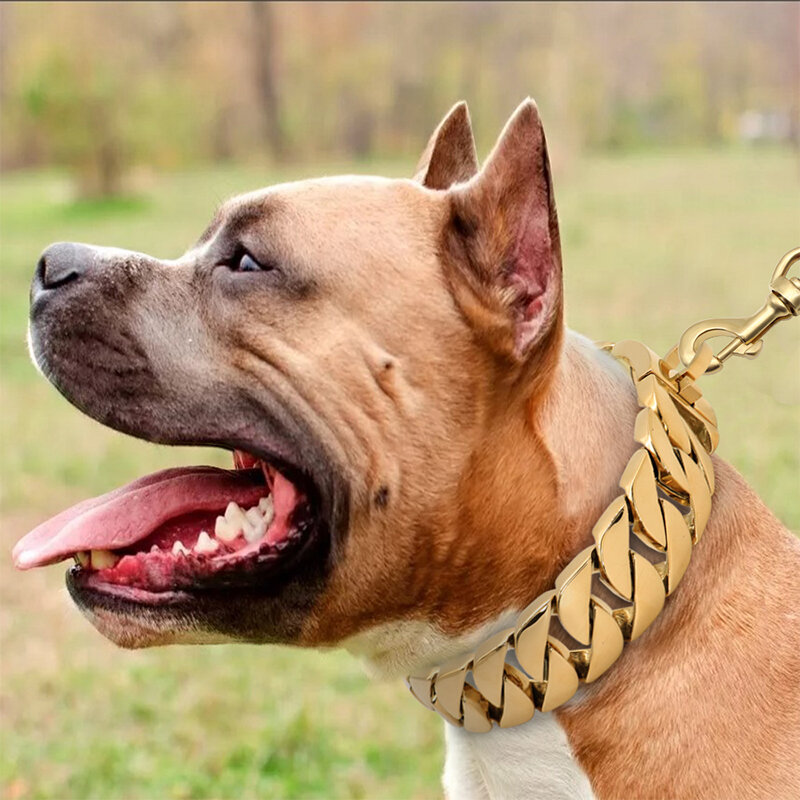 Stainless Steel Dog Chain Collars 32MM Strong Metal Choker Pitbull Gold Pet Necklace For Large Dogs