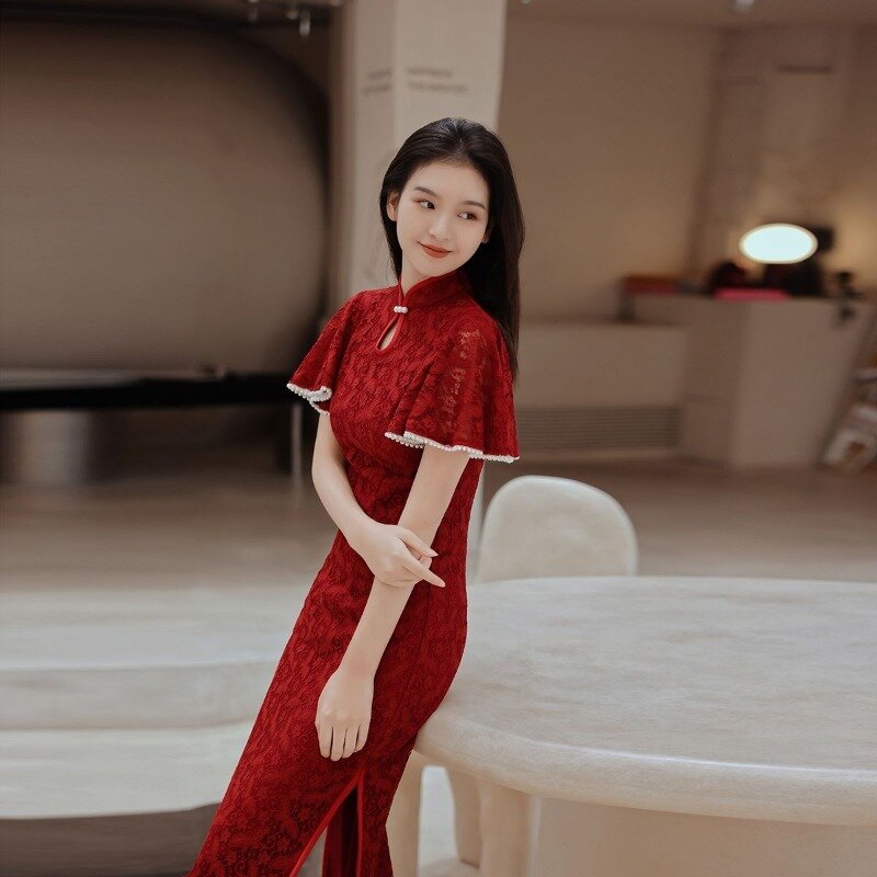 Robe chinoise Cheongsam en dentelle mince pour la mariée, petite robe asiatique Qipao, peut être portée en été, nouveau style, 2021