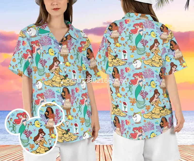 Disney-camisa hawaiana de princesa para hombre, mujer y niño, camisas de manga corta, camisas hawaianas de playa, novedad de 2024