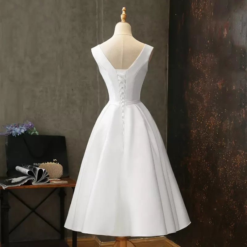 Gaun pengantin Midi Satin putih leher V seksi gaun pesta panjang tamu pengiring pengantin pernikahan malam Prom elegan musim panas untuk wanita 2023