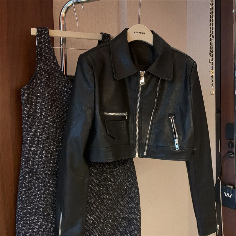 Женская Короткая кожаная куртка, Свободное пальто из искусственной кожи на молнии, верхняя одежда для отдыха, весна-осень 2024