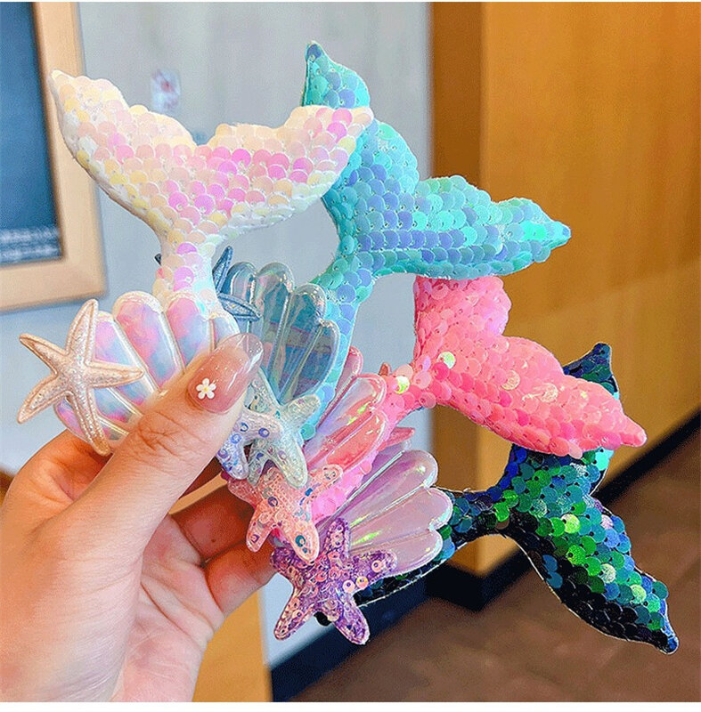 Color Sequin Tail Starfish Shell Mermaid Princess Cute Baby Clips Girls Hairpins Hair Clips Kids Headwear Children Accessories