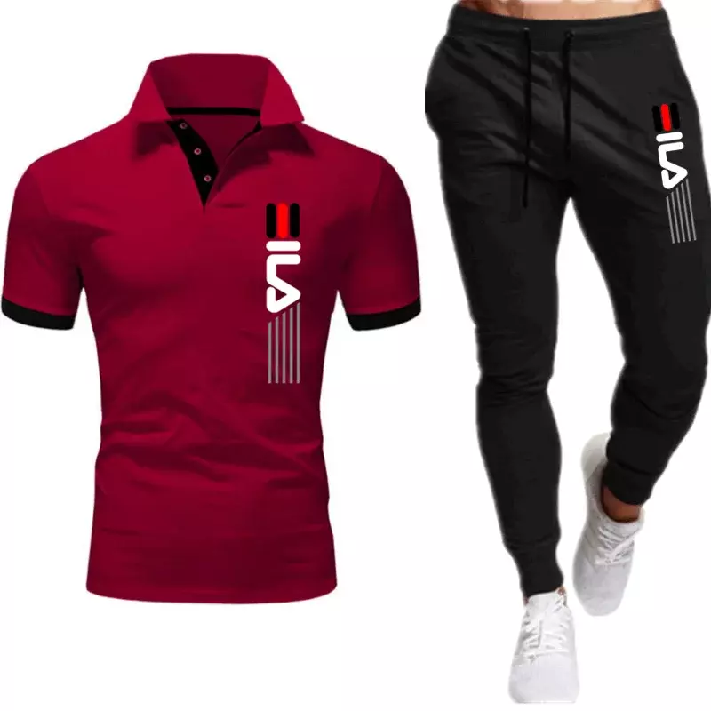 Conjunto de 2 peças de treino masculino, camisa polo de manga curta, calça comprida, roupa de rua casual, jogger estampado, roupa esportiva, verão