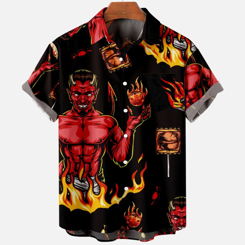 2024 악마 공포 3D 프린트 하와이안 셔츠, 남성 의류, 느슨한 통기성 셔츠, 여름 남성 셔츠, 남성 의류, 반팔
