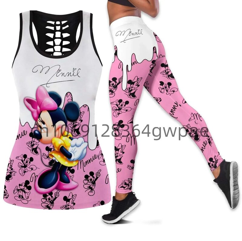 Disney-Conjunto de camisola de alças e leggings feminino Minnie recortado, leggings fitness ioga, verão treino oco