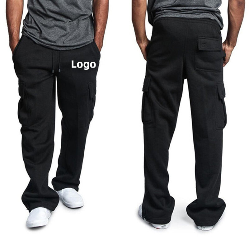 Homens multi bolsos calças largas, moletom, calça casual, calças de elástico na cintura, monocromáticas, personalize seu logotipo
