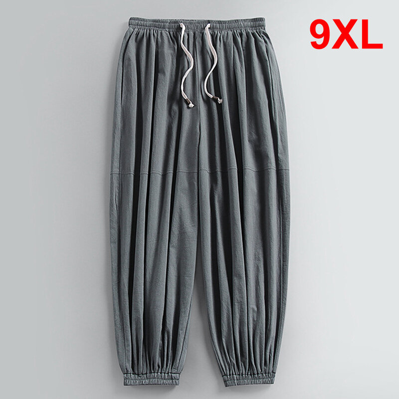 Linen Pants Men Baggy Jogger Pants Plus Size 9XL Summer Ankle-length Pants Male Solid Color Bottom Big Size 9XL