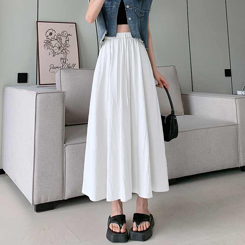 Real Photos Midi Skirt Women 2024 Summer Casual Solid A Line High Elastic Waist Mid-calf Length Skirt With Linning