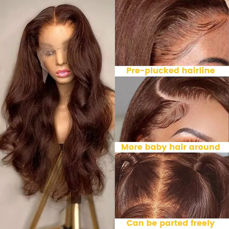 Peruca dianteira do laço da onda do corpo para mulheres, peruca dianteira do laço transparente HD, cabelo humano, marrom castanho, 13x4
