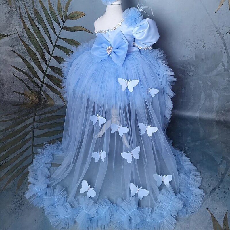 Vestido de flor azul inchado feminino, Babados de tule, vestido de casamento, aniversário, borboleta, primeira comunhão sagrada, vestidos de formatura