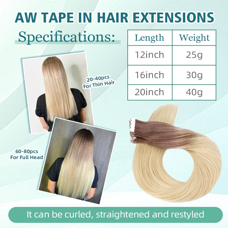 AW Mini лента из человеческих волос для наращивания, прямые натуральные бесшовные Невидимые Ленты для женщин, настоящие человеческие волосы