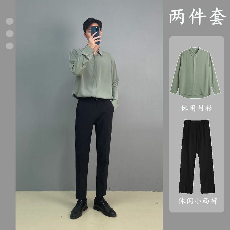 2-A15 Light and mature style INS temperament retro shirt boys yuppie two-piece set drape no-iron long-sleeved shirt casual suit
