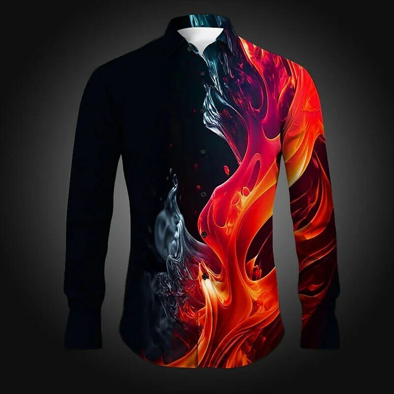 Camisa masculina de manga comprida estilo artístico, camisa casual de alta qualidade, estampa digital em chamas, Havaí, novo, 2024
