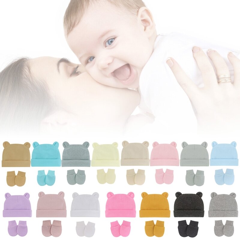 Conjunto gorros algodão para bebês recém-nascidos, chapéu hospitalar e luvas, cores sólidas, elásticas, quentes, luvas 0-1