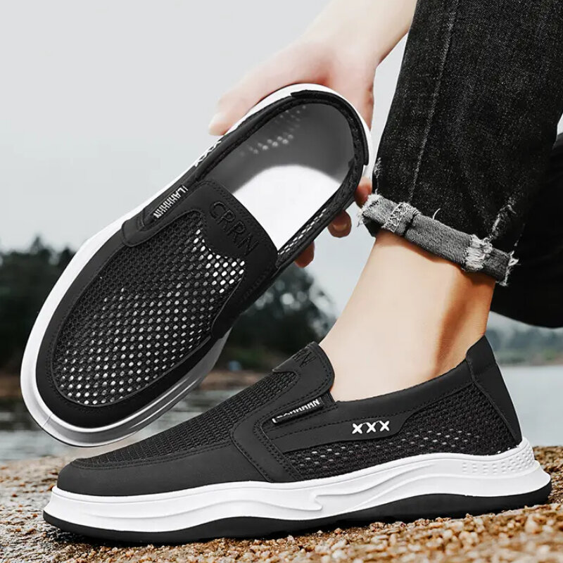 Men Mesh Loafers Shoes Breathable Round Head Work Sneakers Solid Colour Non-slip Comfortable Lightweight Thick Bottom Flats