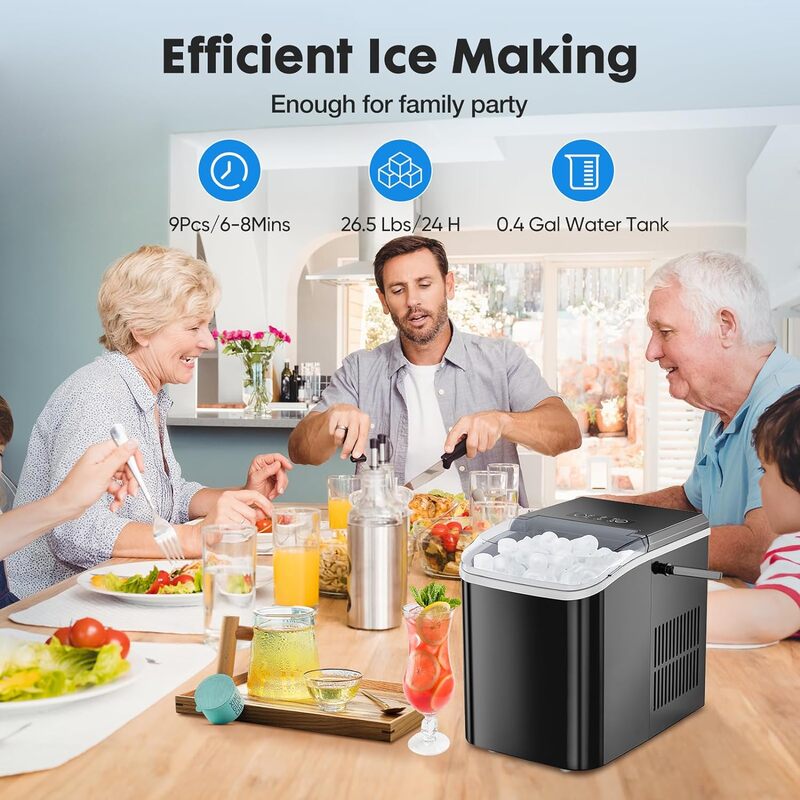 Sweetcrispy Ice Maker Countertop, Portable Ice Machine Self-Cleaning with Handle, Ice Scoop and Basket, 9 Cubes in 6 Mins