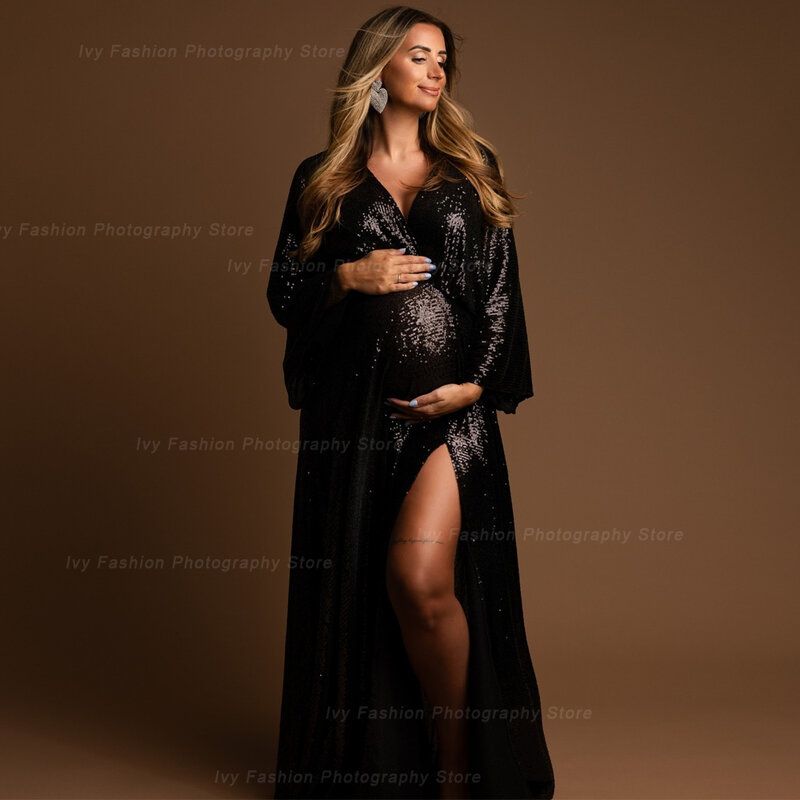 Bohemian Photo Shooting Pregnancy Dress Maternity Photography V-neck Sequined Sexy Transparent Side Slit Pregnancy Dress