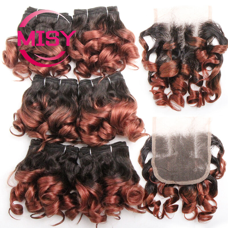 Bundel rambut keriting Brasil jalinan rambut manusia 6 bundel dengan penutup renda berwarna 1B/27/30/33/99j ekstensi rambut pendek untuk wanita