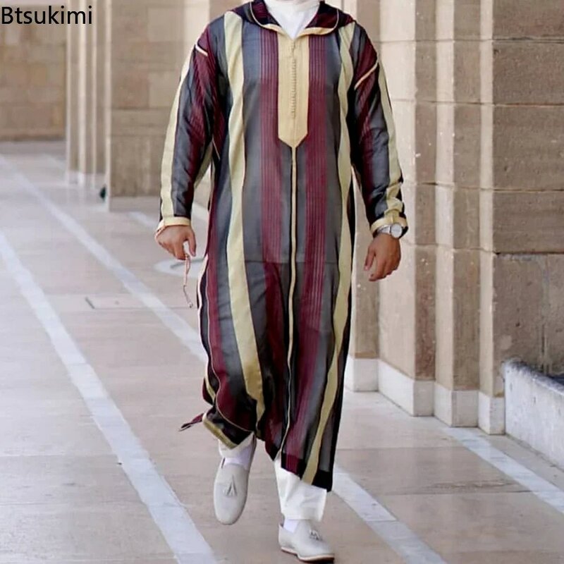 Neue 2024 traditionelle muslimische Kleidung eid Nahost Jubba Thobe Männer Thobe arabische muslimische Roben mit langen Ärmeln Geschenke für Ehemann