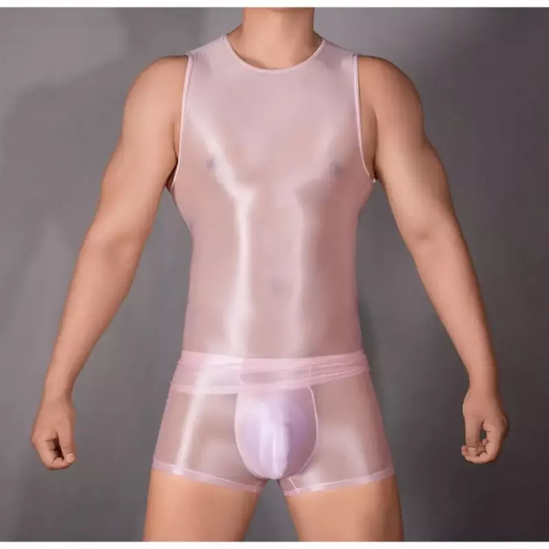 Silky Soft Mens Undershirt Glossy Sleeveless Round Neck Swimwear Sport Running Yoga Suit T-Shirt Boxer Elastic Gay Singlet Homme
