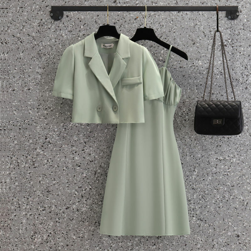 2023 Summer New Korean Large Women's Dress Fashionable Small Suit Sling Dress Two Piece Elegant Women's Sling Dress Set