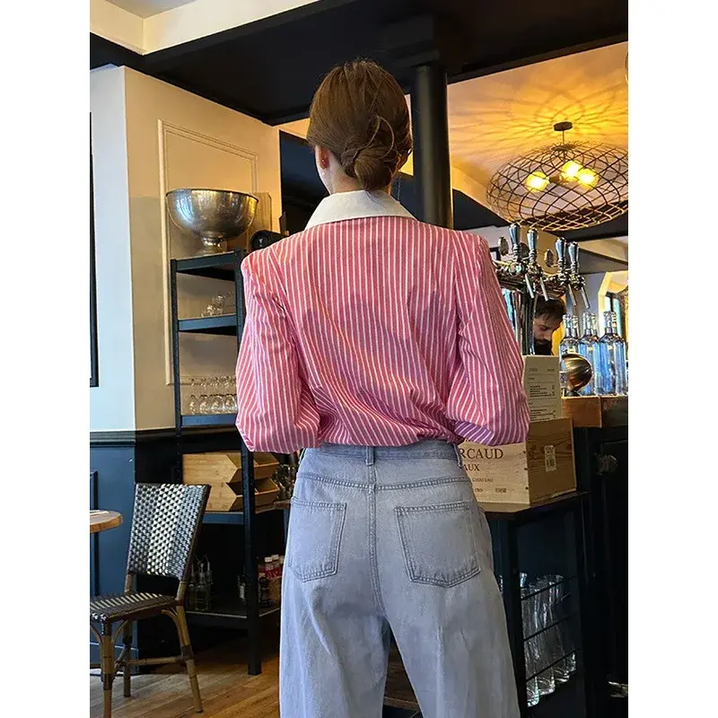 Elegant Women Shirts Korean Striped Red Fashion Turn Down Collar Office Ladies Tops Long Sleeve Causal Female Blouse