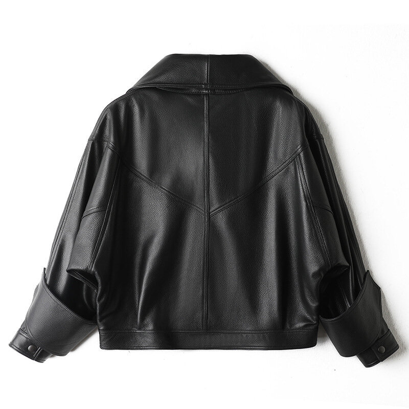Genuine leather jacket top layer, lychee pattern, sheepskin, large lapel, bat sleeve, short motorcycle jacket jacket